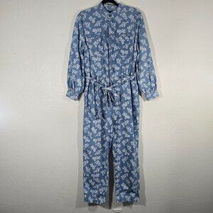 Old Navy Floral Chambray Jumpsuit Women Large Blue Tie Belt Long Sleeve Boho Hip